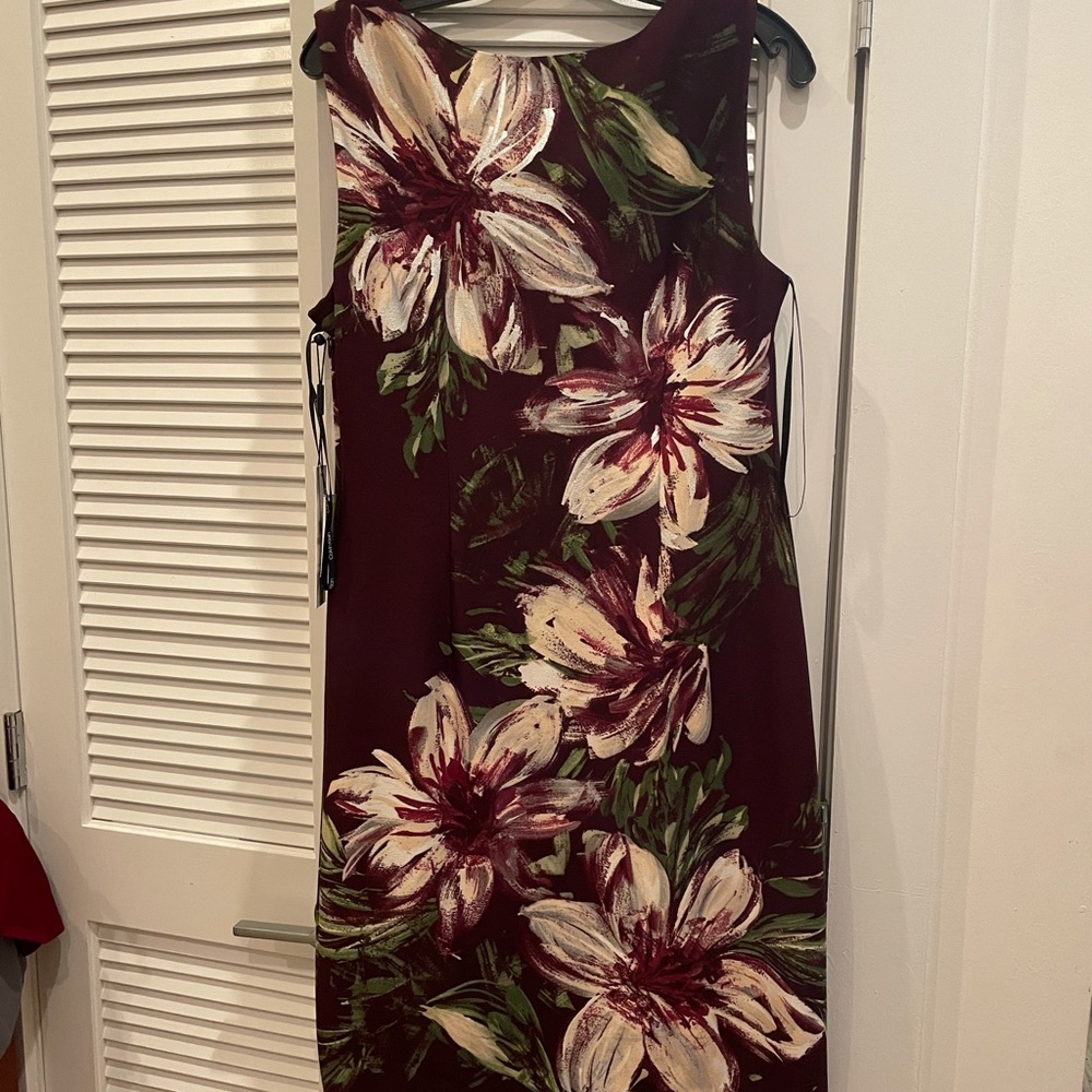 Burgundy Calvin Klein Sheath Dress w White Flowers